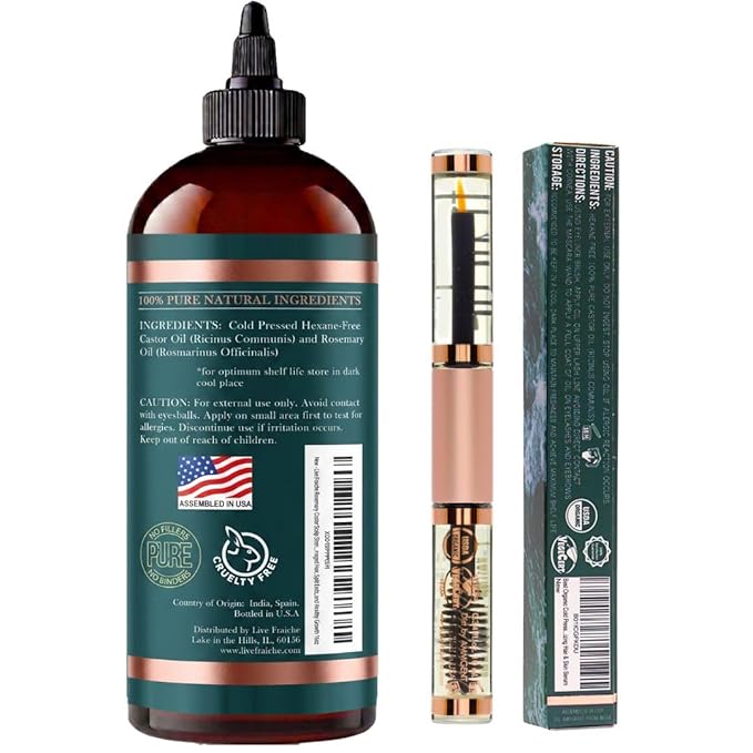 Live Fraiche Rosemary Castor Oil for Hair Growth 16oz + Castor Oil Organic Cold Pressed Lash Serum - Hexane Free, Reduce Hair Loss, Eyelash Eyebrow Regrowth and rosemary essential Serum for scalp