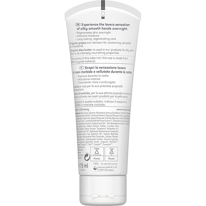 lavera Good Night 2in1 Hand Cream and Mask - natural cosmetics - vegan - certified - grape & shea butter - 2.5 Fl Oz