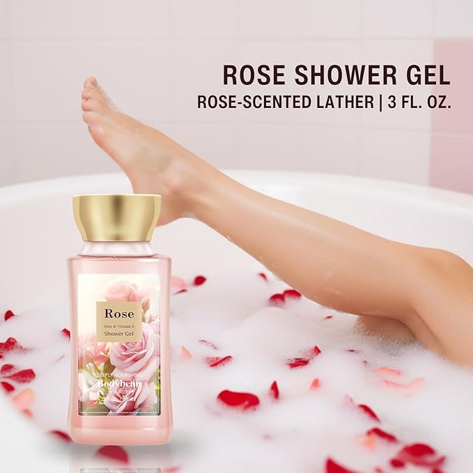 Rose Spa Gift Set For Women - 4PCS Luxury Bath and Body Kit with Shower Gel, Body Scrub, Lotion & Body Mist - Portable Travel Size Self Care Gift for Mom, Wife, Teens, Friends or Her
