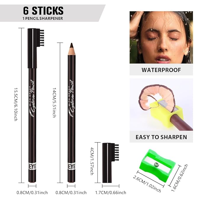 WanTuoluo Eyebrow Pencils for Women with Sharpener, 6Pcs Hard-Core Wooden Eye Brow Eye Liner Pencils for Beginner Makeup, Waterproof & Sweat-Proof (6Pcs-Dark Brown)