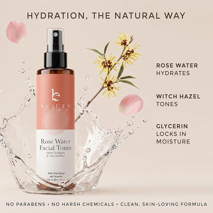 Rose Water Spray for Face - USA Made with Hydrating Natural & Organic Ingredients for Glowing Skin, Alcohol-Free Rosewater Toner Mist with Witch Hazel & Glycerin for Dry and Sensitive Skin