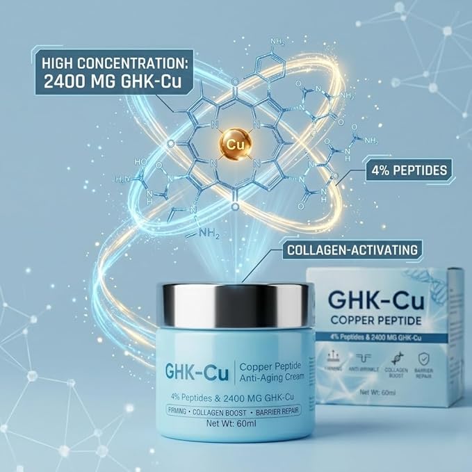 GHK-Cu Peptide, 4% Bioactive GHK-Cu Copper Peptide Cream, 2400mg Potency Formula for Face & Neck, Moisturizer for Firmness & Elasticity, Natural Formula for Men and Women, 2Fl.Oz