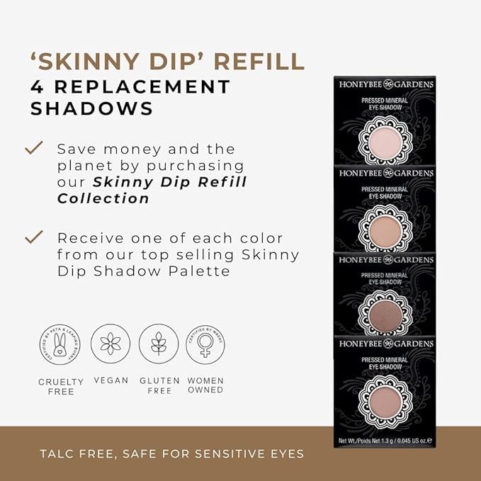 Honeybee Gardens Skinny Dip Eyeshadow Refill Pans, Neutral Nude Pink Beige Shades, Pigmented Powder Eye Shadow, Vegan Talc Free Makeup, 26mm Magnetic Eye Shadow Palette Refills, 4 Pack