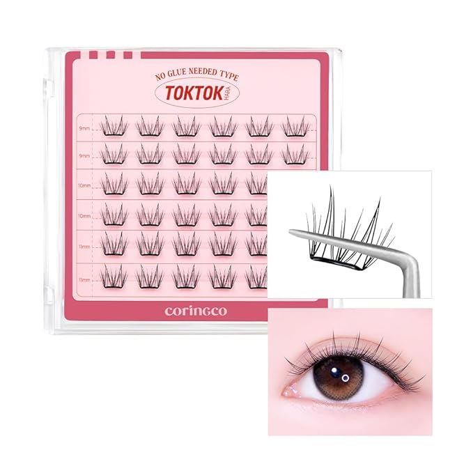 CORINGCO Toktok Hara Light Self Adhesive False Eyelashes, Natural Look, No Glue Needed, Assorted Set of 9/10/11mm, Reusable Lash Clusters Kbeauty (Maple)