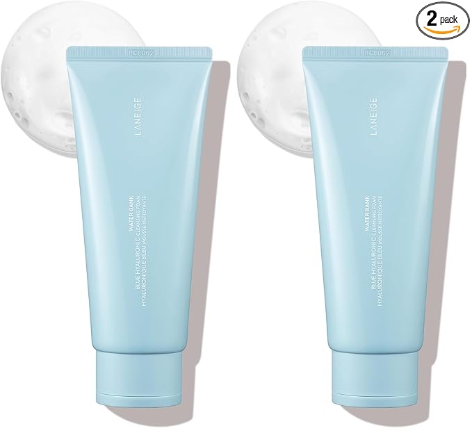 LANEIGE Water Bank Cleansing Foam: Hydrating Face Wash and Makeup Remover with Hyaluronic Acid & Papain Enzyme for Smooth,Soft Skin,(Pack of 2)