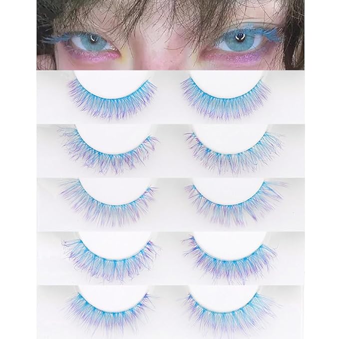 Sunniess Ombre Afro-Curl Colored Lashes Silk Protein Fluffy Wispy Volume Fake Short Lashes with Color for Daliy Halloweens Cosplay Party Stage Blue Purple Lashes Make up False Eyelashes 5 Pairs