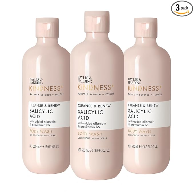 Baylis & Harding Kindness + Salicylic Acid Cleanse & Glow, Dewbury & Lime Leaf Fragrance, 16.9 fl. oz Body Wash (Pack of 3) - Biodegradable Formula - Vegan Friendly