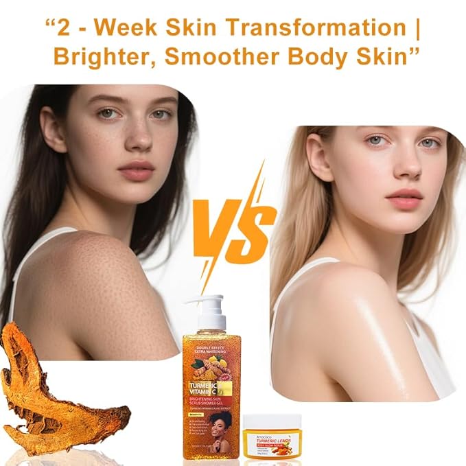 Body Scrub and Body Wash Set with Vitamin C, Turmeric & Lemon, 2-Pack Exfoliating Body Polish and Moisturizing Shower Gel for Smooth Skin, 16.9 fl oz & 3.53 oz