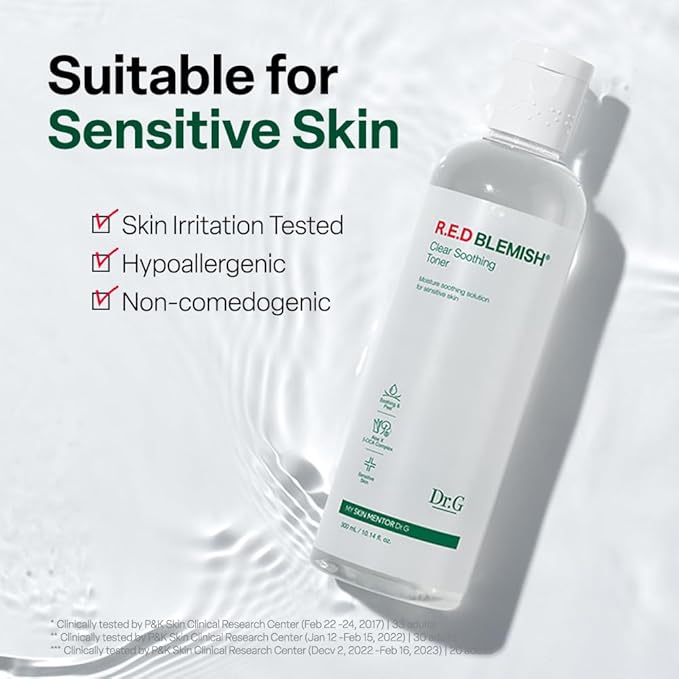 Dr. G R.E.D. Blemish Clear Soothing Toner - Korean Soothing Toner for Glowing Skin - Soothes Irritation Clear Skin - Mild Exfoliant - with AHA, BHA & Centella Asiatica - 10.14 fl oz