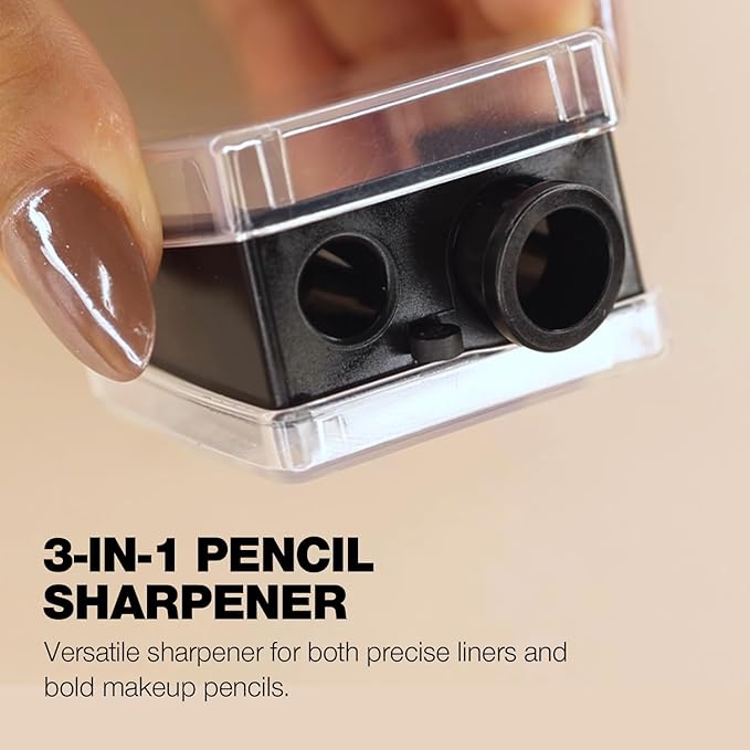 Palladio Double Barrel 3 in 1 Cosmetic Pencil Sharpener with Cover, Stainless Steel Blade, Size Adjuster, Essential for Small and Extra Large Lip Liner, Eyeliner, Brow Pencils