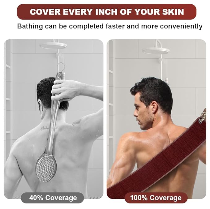 URAQT Exfoliating Towel with Handle, Exfoliating Body Scrubber, 37 Inches Exfoliating Back Scrub, Deep Cleaning, Back Scrubber Washer, Back Scrubber Washer for Men and Women,Brown