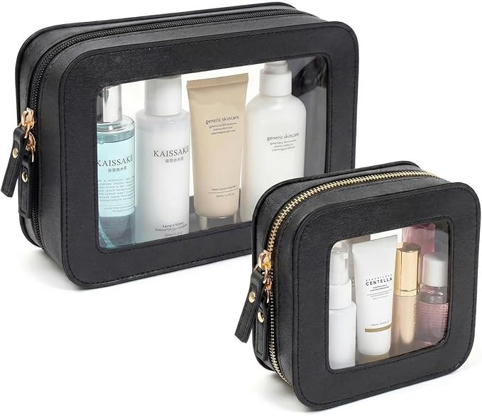 LETGO Clear Makeup Bags Set of 2, Waterproof PU Leather Portable Makeup Bag Holder with Transparent Window, Travel Lipstick Case Pouch Car Accessories for Women Men (2Pack-Standard & Square, Black)