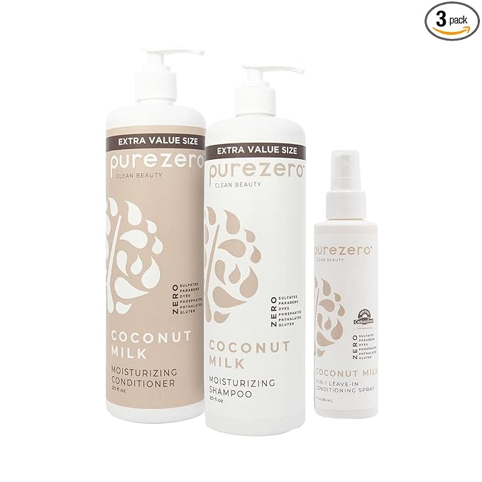 Purezero Coconut Milk BUNDLE [20 oz Shampoo + Conditioner + 9-in-1 Leave-in Conditioner] - Intense Hydration & Increased Shine