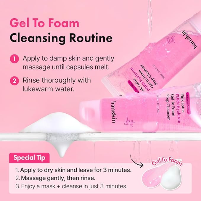 Hanskin PDRN Hyaluron Gel-to-Foam Prep Cleanser – 200,000ppm Vegan Pink Lotus PDRN Face Wash | Hydrating Low pH Cleanser for Glass Skin Glow, Smooth & Refined Skin | Korean Skincare 3.71 fl. oz.