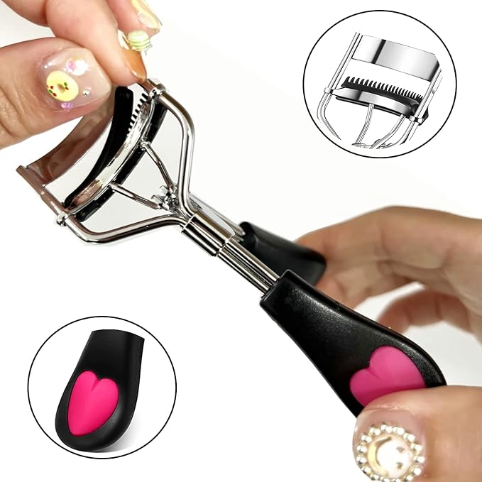 MERVK Stainless Steel Eyelash Curler with Built-in Comb Pinch Pain-Free Suitable for Any Eye Shapes and Sizes, with 5 Silicone Refill Pads (Black)
