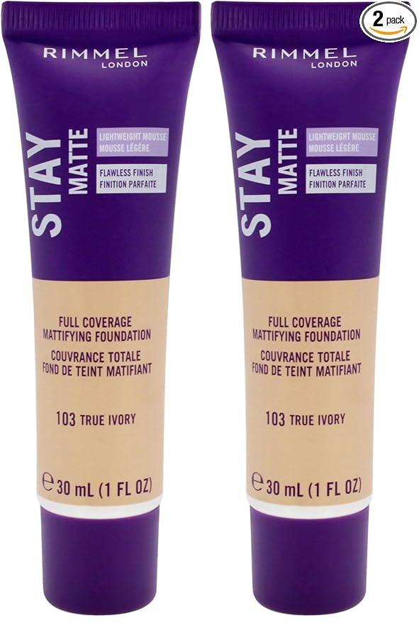 Rimmel Stay Matte Foundation True Ivory 1 Fluid Ounce Bottle Soft Matte Powder Finish Foundation for a Naturally Flawless Look (Pack of 2)