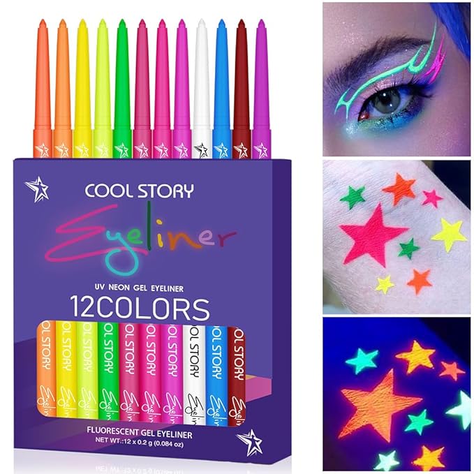 BestLand 12 Colors UV Neon Eyeliner – Festival Makeup, Glow in the Dark, Waterproof & Smudge-Proof, Colorful Liquid Eyeliner for Face & Body Art, Rave Party, Cosplay, Halloween