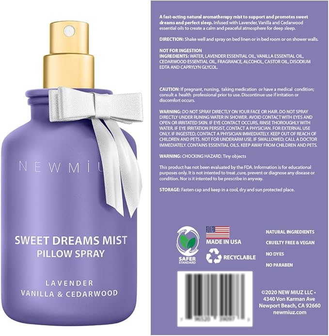 Sweet Dreams Sleep Pillow Spray Lavender Vanilla Cedarwood Essential Oils Aromatherapy Mist Calming Stress Relief Bedtime Shower Spray Self Care Gift