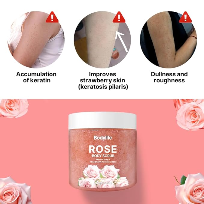 Rose Body Scrub Exfoliating Sugar Scrub for Body Moisturizing Body Polish Removes Dead Skin Smooth Soft Skin Hydrating Shower Bath Body Exfoliator 10.58 oz