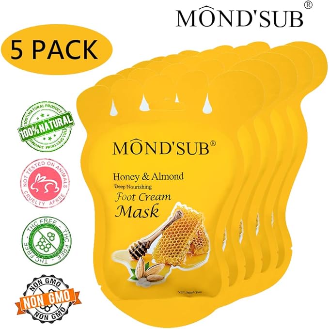 MOND'SUB Honey & Almond Nourishing Foot Masks - Foot Moisturizing Mask for Dry Skin to Deep Hydrating and Brightening Moisturize, Repair Rough Damage Skin for Women & Men(5 Pairs)