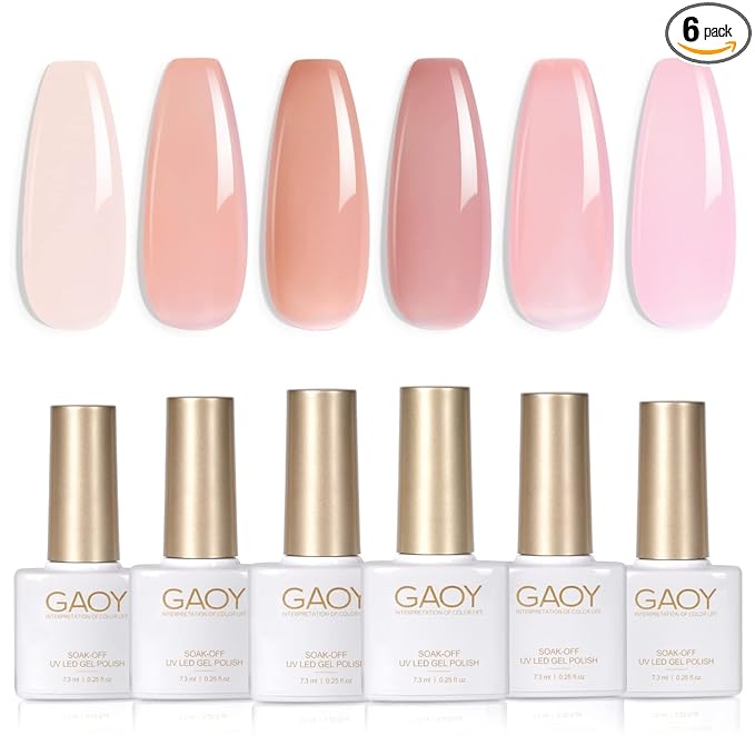GAOY Jelly Nude Pink Gel Nail Polish Set, 6 Transparent Sheer Colors Soak Off UV Light Cure Gel Polish Kit for Salon and Nail Art DIY at Home