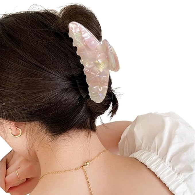 Wenlly large tortoise shell claw clip, 4.1 Inch cellulose acetate hair claw clips, marble non-slip strong hair hold barrettes for women and girls, pink