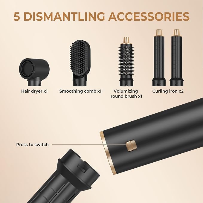 5 in 1 Hair Dryer Brush, Air Style Wrap Hair Styler, Negative Ion Blow Dryer, Hot Air Brush for Blow Drying, Hair Brush for Blow Drying, All-in-One Hair Styling Tool, Volumizing, Straightener & Curler