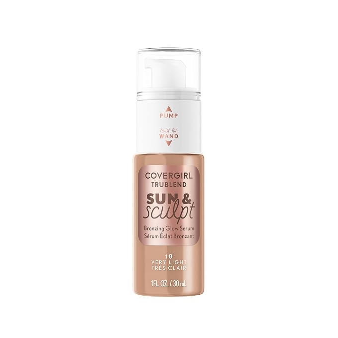COVERGIRL TruBlend Sun & Sculpt Bronzing Glow Serum, Buildable, Radiant Glow, Wand and Pump Applicator - 10 Very Light