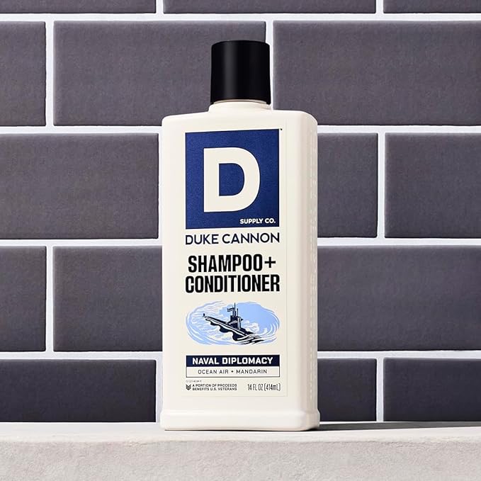 Duke Cannon Supply Co. 2-in-1 Hair Wash - Masculine Scent - Gentle Cleansing Hair Wash For Men - Stimulating Hair Shampoo & Conditioner - Strengthens Hair - Naval Diplomacy Shampoo/Conditoner (14 oz)