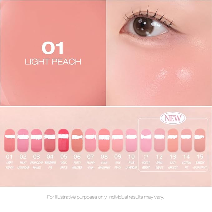 PERIPERA SYRUPY TOK CHEEK 15 Colors, Liquid Blush, Dewy Finish and Hydrates All day, Soft Velvet Texture Face Cheek Tint (01 LIGHT PEACH)