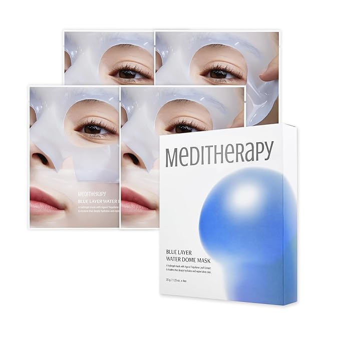 MEDITHERAPY Bluelayer Water Dome Mask - Korean Overnight Collagen Face Mask for Glass Skin, Moisturizing and Firming w/Hyaluronic Acid & Blue Agave - Pore Minimizing Hydrogel Masks Radiant Glow - 4EA