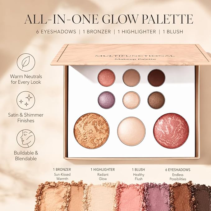 9 Colors Baked Makeup Palette, All in One Eyeshadow, Blush, Highlighter and Bronzer, Neutral Warm Tones, Natural Finish, Travel-Friendly Compact (White)