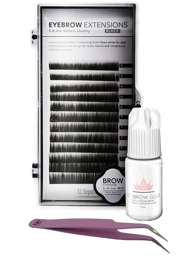 Lash Eyebrow Extensions Kit with 1 x Trays of Mink False Eyebrows in Black, Eyebrow Extension Glue Clear & Extension Tweezers, Comes on Mixed Length Trays 5-8 mm (Black, Violet Tweezer)