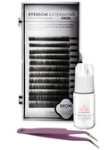 Lash Eyebrow Extensions Kit with 1 x Trays of Mink False Eyebrows in Black, Eyebrow Extension Glue Clear & Extension Tweezers, Comes on Mixed Length Trays 5-8 mm (Black, Violet Tweezer)