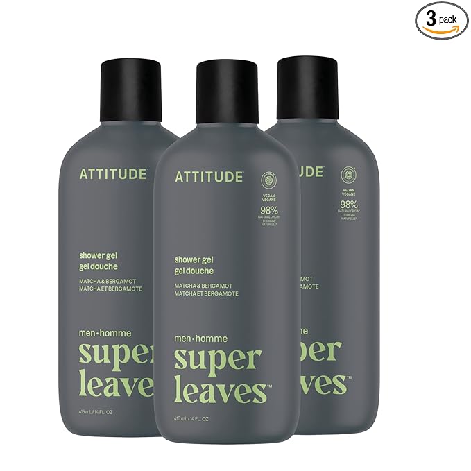ATTITUDE Shower Gel Body Wash for Men, 98% Natural Origin Ingredients, Paraben & Phthalate Free, EWG Verified, Cleanses Without Drying, Matcha & Bergamot, 14 Fl Oz (Pack of 3)