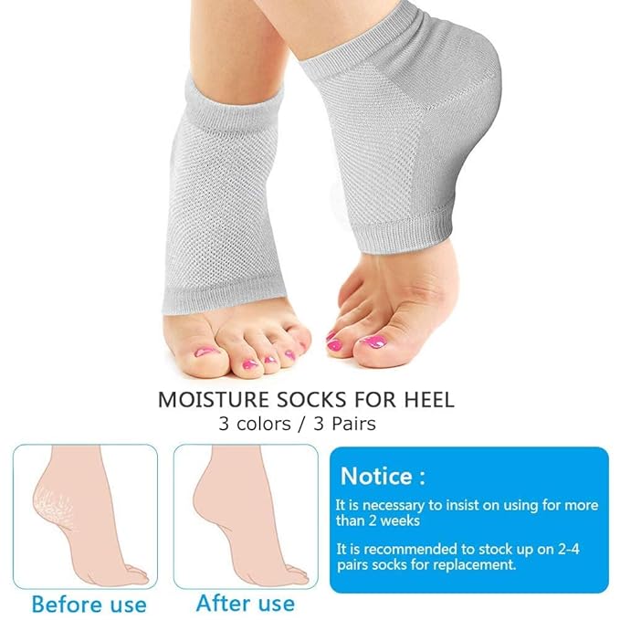 3 Pairs Moisturizing Gel Heel Socks, Vented Unisex Toeless Spa Sock for Foot Care Treatment, Cracked Heels, Dry Feet, Foot Calluses (Gray, Green, Pink)