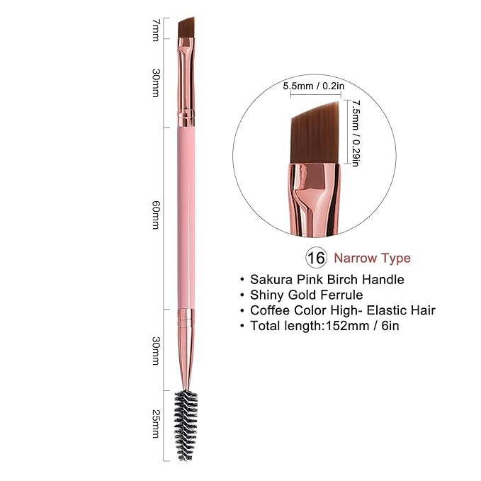 Duo Eyebrow Brush, Spoolie Brush and Angled Brow Brush Eyelash Brush for Eye Makeup. (5pcs, Pink)