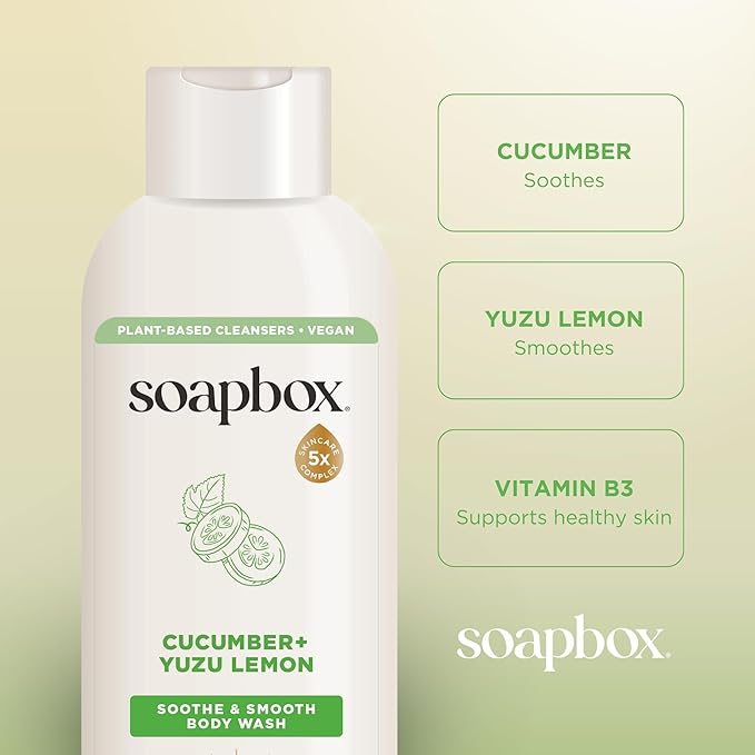 Soapbox Moisturizing Body Wash, Cucumber & Yuzu Lemon Shower Gel - Hydrating Natural Body Wash with Shea Butter - Clean Ingredients Free of Harsh Chemicals, Sulfates, Parabens & Silicones - 3 Pack