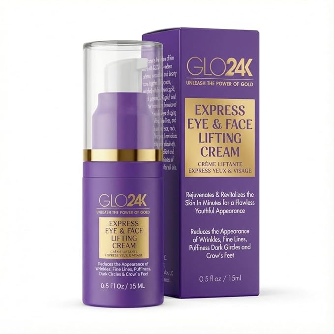GLO24K Express Eye & Face Lifting Cream with Hyaluronic Acid, Peptides, 24K Gold, and Essential Vitamins - Reduces Wrinkles, Fine Lines, and Puffiness - Suitable for All Skin Types