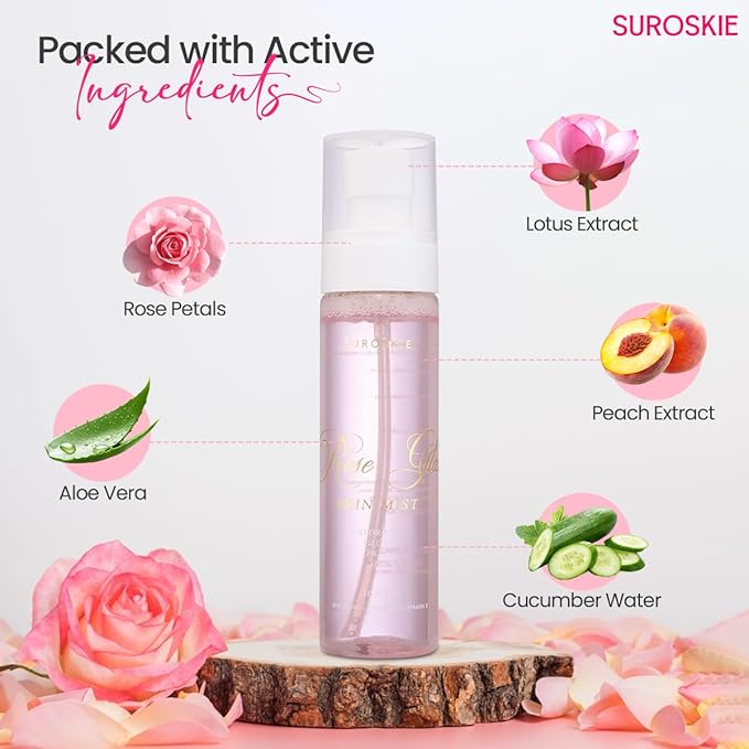 Suroskie Roses Glass Skin Mist 100Ml | 2 in 1 Face Toner + Makeup Setting Spray | Rose Water for Face with Aloe Vera & Lotus | Toner for Glowing & Hydrating Skin | All Skin Types | for Men & Women