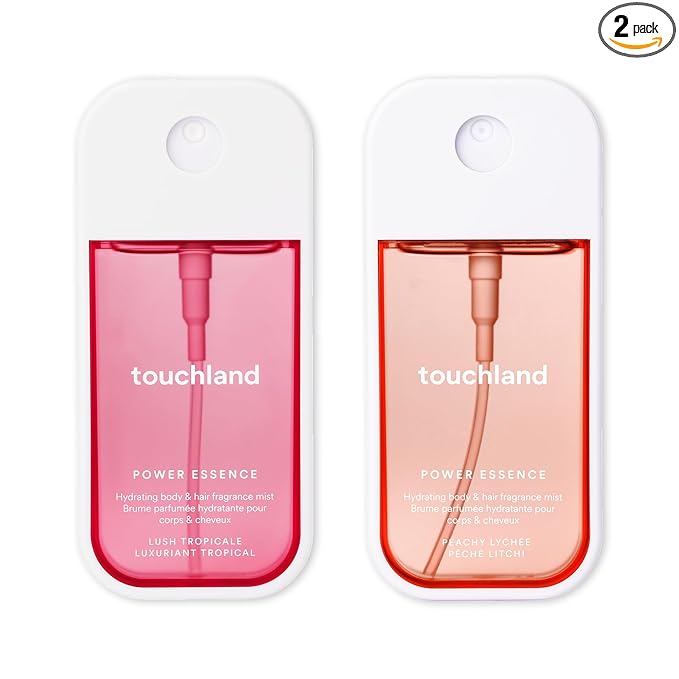 Touchland Power Essence Hydrating Body & Hair Fragrance, ISLAND BLOOM DUO (Lush Tropicale + Peachy Lychee), 2 FL. OZ. Travel Size Body Mist (Set of 2)