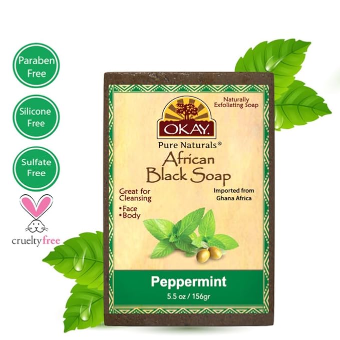 OKAY | African Black Soap with Peppermint | For All Skin Types | Cleanses and Exfoliates | Nourishes and Heals | Free of Sulfate, Silicone & Paraben | 5.5 oz