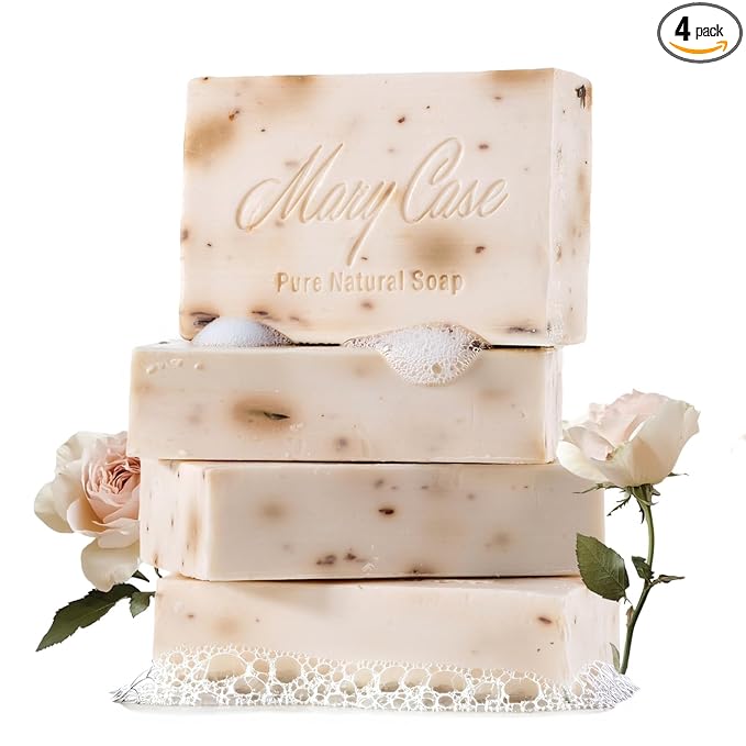 Mary Case Rose Bar Soap Set of 4 | Natural Soap with Olive, Coconut & Oils + Dried Flowers | Vegan Bath Soap for Men & Women | Softening, Hydrating & Boosting Skin Radiance