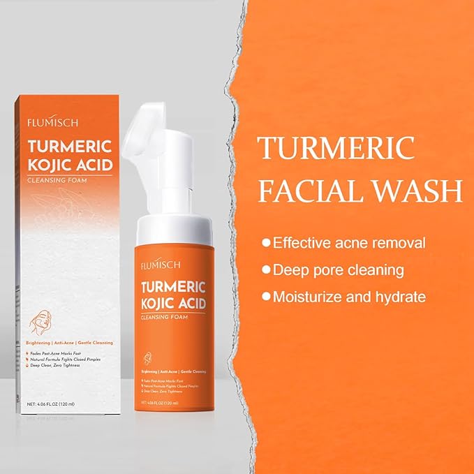 FluMisch Turmeric Kojic Acid Facial Cleanser, Brightening Foaming Face Wash with Soft Massage Heads, Kojic Acid Cleanser Exfoliating, Turmeric Cleansing for Dark Spots 4.23 oz
