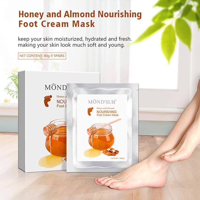 5 Pairs of MOND'SUB Honey & Almond Nourishing Foot Masks - Baby Foot Moisturizing Mask for Dry Skin to Removing Dead Skin & Repairing Rough Heels & Foot Crack