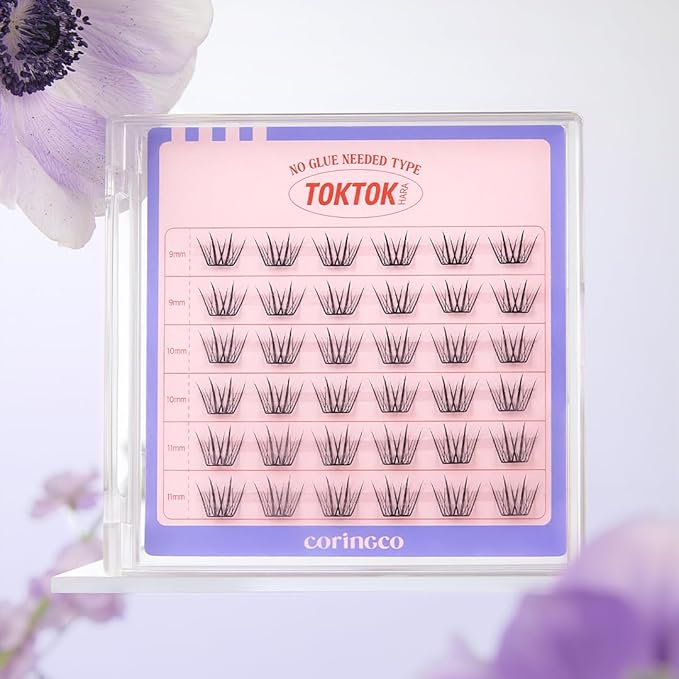 CORINGCO Toktok Hara Light Self Adhesive False Eyelashes, Natural Look, No Glue Needed, Assorted Set of 9/10/11mm, Reusable Lash Clusters Kbeauty - Blossom
