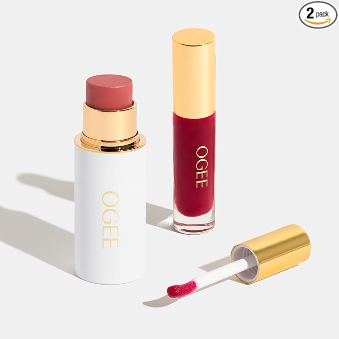 Ogee Midnight's Kiss - Rose Quartz Face Stick & Thistle Lip Gloss Duo - Limited Edition Holiday Makeup Gift Set - Certified Organic & Skincare-Infused