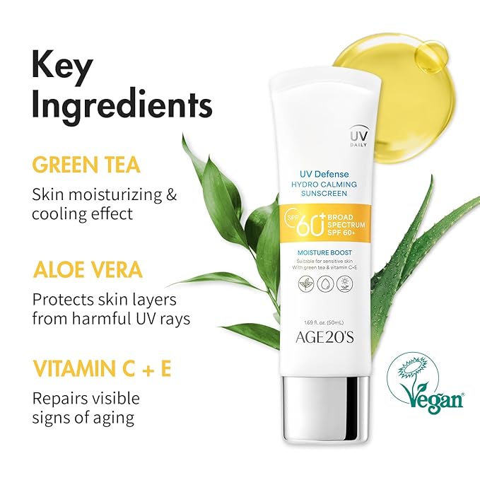 AGE20'S UV Defense Hydro Calming Sunscreen SPF 60+ | Korean Sunscreen | Moisturizing Creamy Formula, No White Cast, Lightweight Finish | Green Tea + Aloe Vera | Dermatest Excellent | 1.69 fl.oz*2ea | UV Defense, Hydro Calming, Korean Sunscreen, No Whit...
