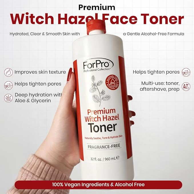 ForPro Witch Hazel Facial Toner with Aloe Vera & Glycerin, Alcohol-Free Face Toner for Sensitive Skin, Pore Minimizing, Hydrating & Fragrance-Free, Vegan, 32 Fl Oz