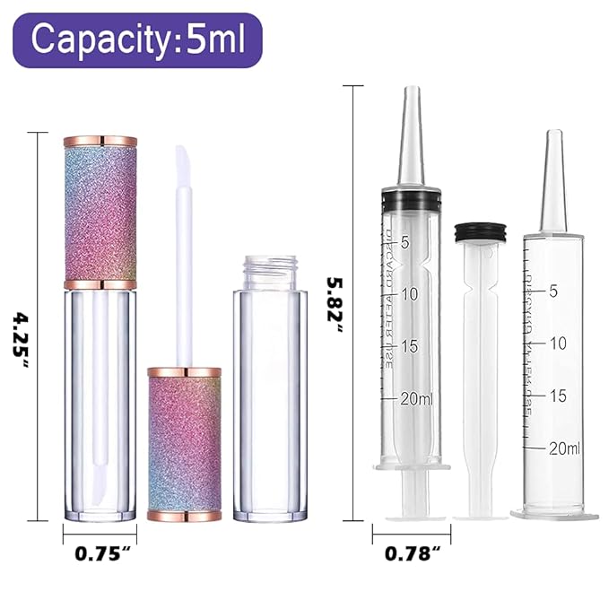AMORIX 24 Pack Rainbow Lip Gloss Tubes with Wand 5ml Empty Containers + 2pcs Syringes for DIY Lip Balm